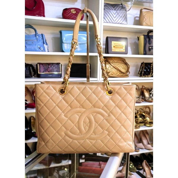 Chanel Caviar Leather Tote Bag In Beige With Chain Shoulder Straps