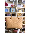 Chanel Caviar Leather Tote Bag In Beige With Chain Shoulder Straps