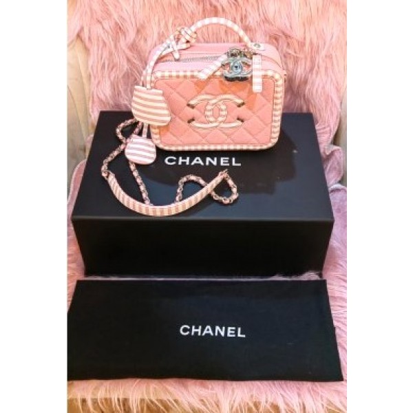 Chanel Pink Caviar Quilted Stripe Vanity Case